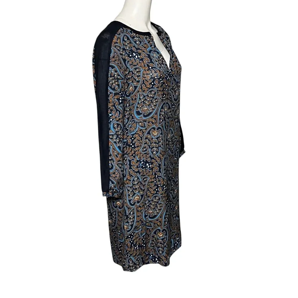 Tory Burch Silk Tunic Shift Dress Size 8 Blue Brown Paisley Print Long Sleeve